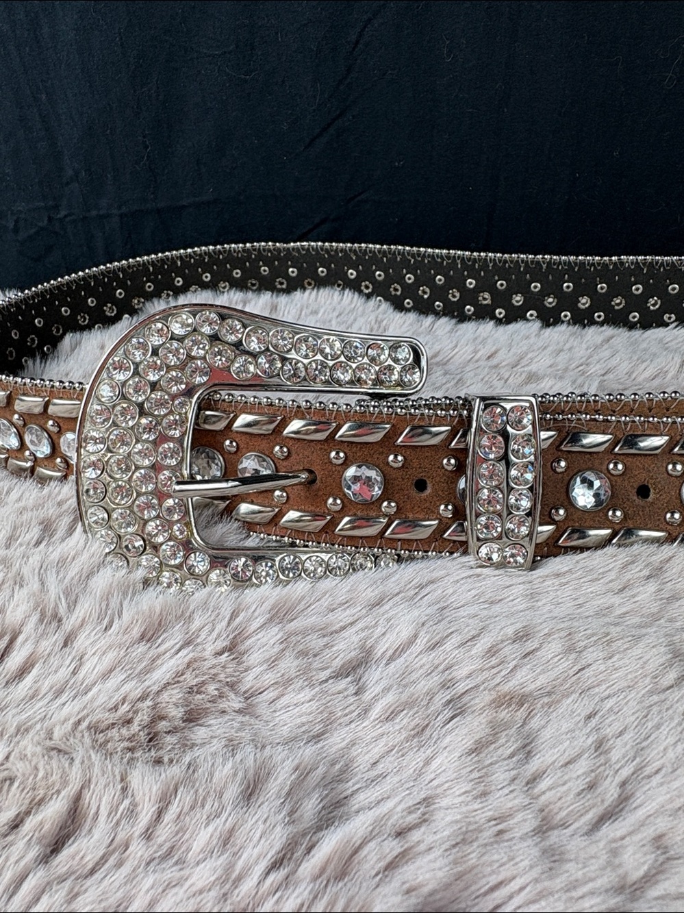 BHW Western Bling Rhinestone Leather Belt Brown Studded Size XL